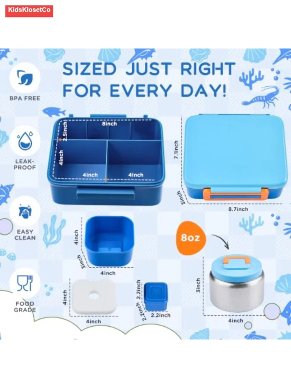 Bento Lunch Box for Kids with 8oz Thermos, Leak-Proof, BPA-Free, Dishwasher